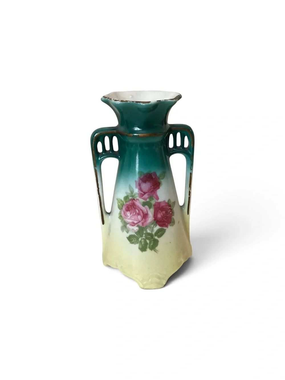 Antique Czechslovakia Pink Green Floral Porcelain Vase 6”